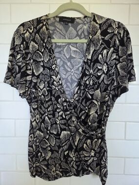 Jones Wear Black and Cream Floral Surplice Blouse